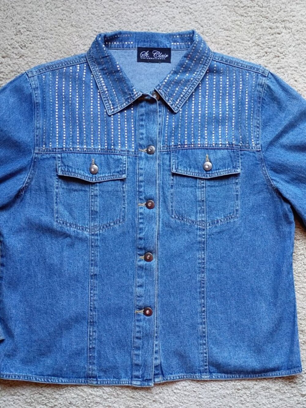 Vtg St. Clair International Rhinestone Denim Shirt Jean Jacket Shacket Sz L EUC